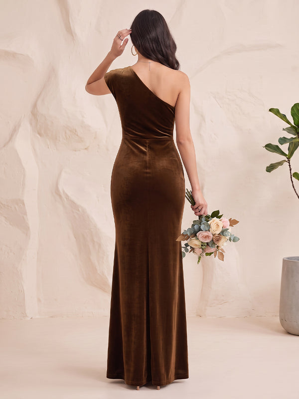 Velvet Bridesmaid Dresses Sheath/Mermaid One Shoulder Cap Sleeves Floor Length