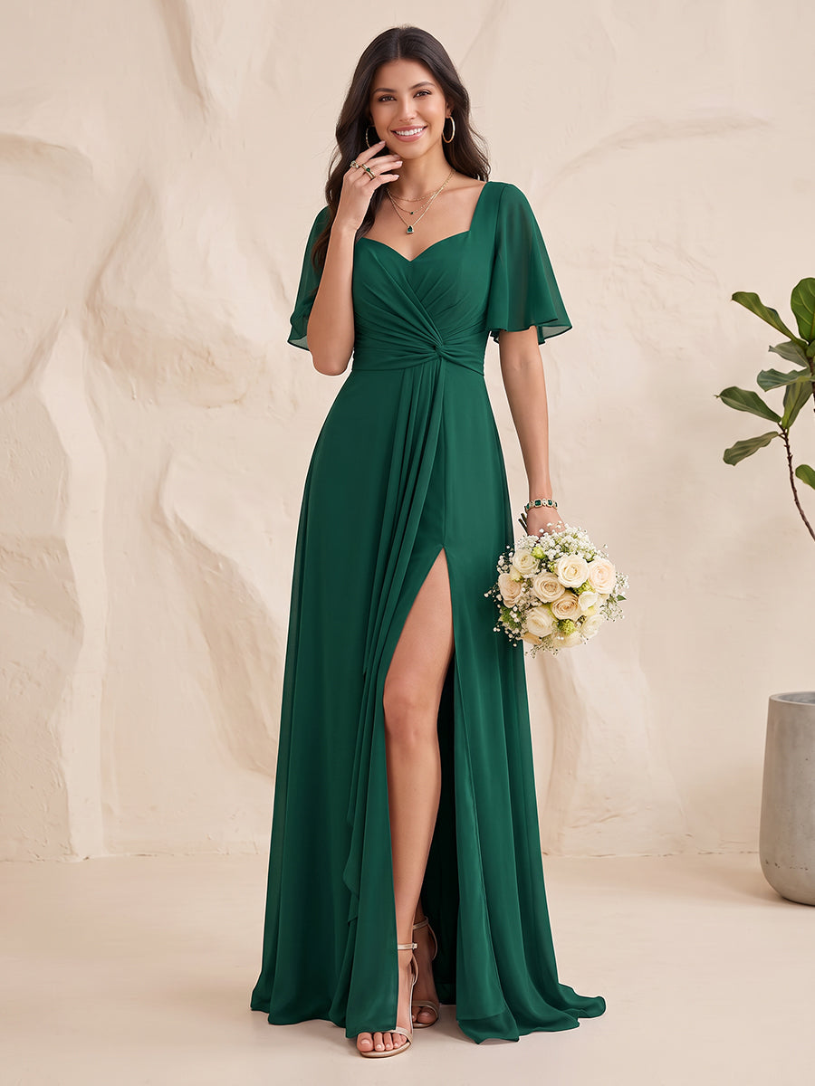 Chiffon Bridesmaid Dresses A Line Sweetheart Short Sleeves Floor Length with Slit