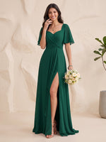Chiffon Bridesmaid Dresses A Line Sweetheart Short Sleeves Floor Length with Slit