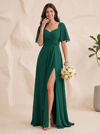 Chiffon Bridesmaid Dresses A Line Sweetheart Short Sleeves Floor Length with Slit