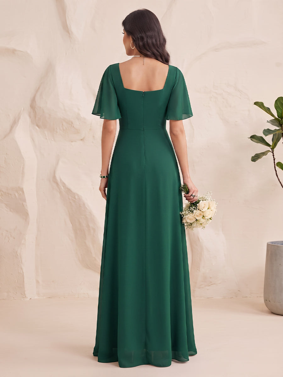 Chiffon Bridesmaid Dresses A Line Sweetheart Short Sleeves Floor Length with Slit