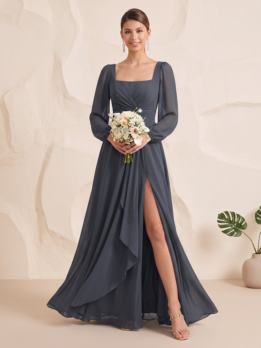 Chiffon Bridesmaid Dresses A Line Square Neck Long Sleeves Floor Length Ruffles with Slit