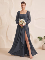 Chiffon Bridesmaid Dresses A Line Square Neck Long Sleeves Floor Length Ruffles with Slit
