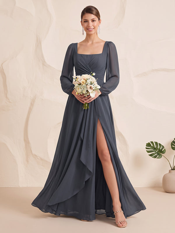 Chiffon Bridesmaid Dresses A Line Square Neck Long Sleeves Floor Length Ruffles with Slit