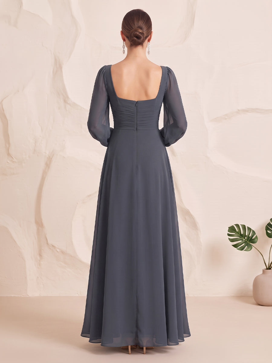 Chiffon Bridesmaid Dresses A Line Square Neck Long Sleeves Floor Length Ruffles with Slit