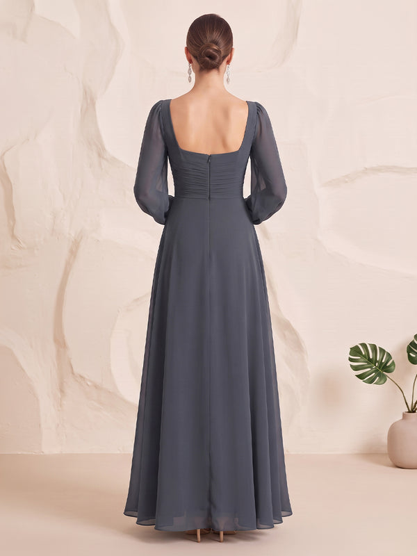 Chiffon Bridesmaid Dresses A Line Square Neck Long Sleeves Floor Length Ruffles with Slit
