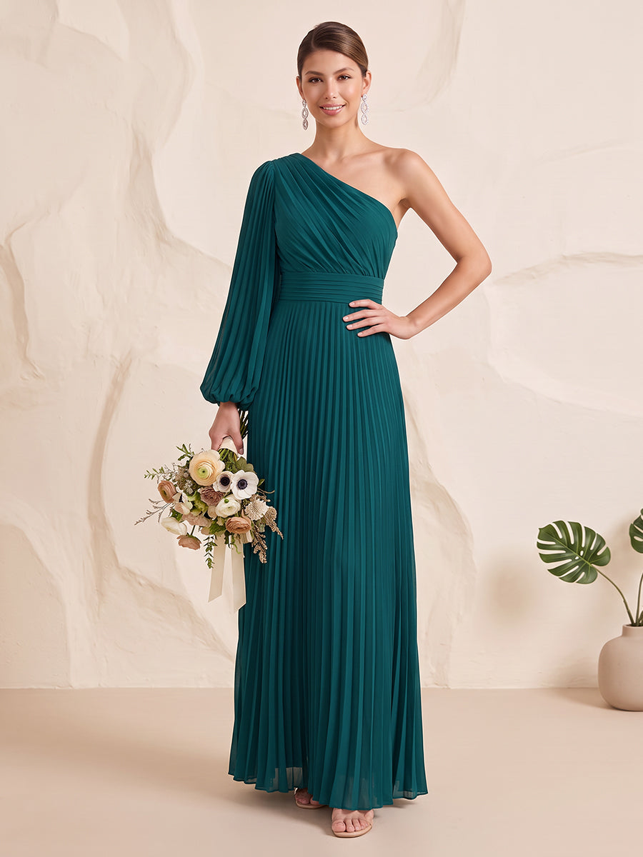 Chiffon Bridesmaid Dresses A Line One Shoulder Long Sleeve Floor Length Pleated Prom Dresses