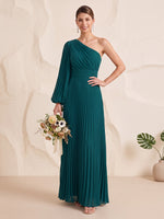 Chiffon Bridesmaid Dresses A Line One Shoulder Long Sleeve Floor Length Pleated Prom Dresses