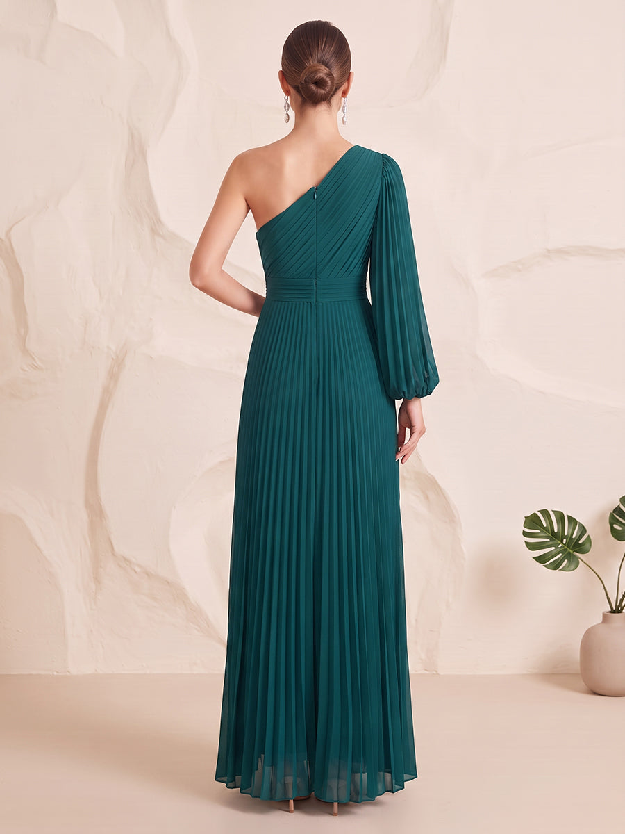 Chiffon Bridesmaid Dresses A Line One Shoulder Long Sleeve Floor Length Pleated Prom Dresses