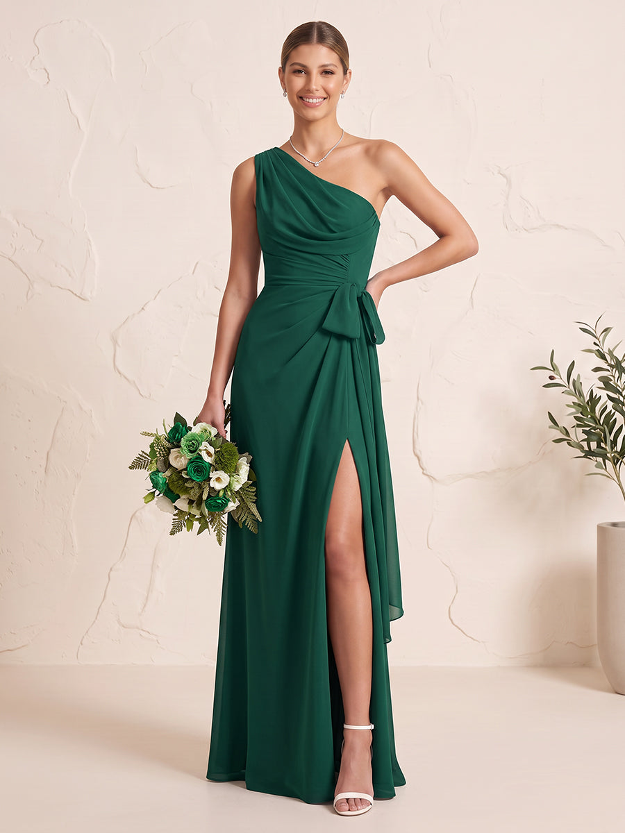 Chiffon Bridesmaid Dresses A Line One Shoulder Sleeveless Floor Length Ruched with Slit Prom Dresses