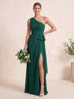 Chiffon Bridesmaid Dresses A Line One Shoulder Sleeveless Floor Length Ruched with Slit Prom Dresses