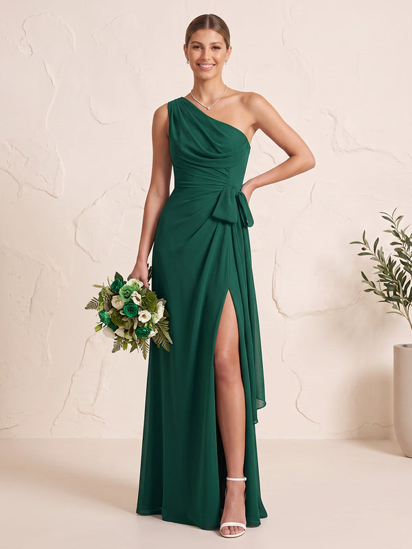 Chiffon Bridesmaid Dresses A Line One Shoulder Sleeveless Floor Length Ruched with Slit Prom Dresses
