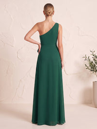 Chiffon Bridesmaid Dresses A Line One Shoulder Sleeveless Floor Length Ruched with Slit Prom Dresses