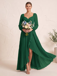 Chiffon Bridesmaid Dresses A Line Sweetheart Long Sleeves Floor Length Pleated Ruffles with Slit Prom Dresses