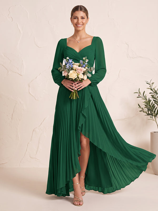 Chiffon Bridesmaid Dresses A Line Sweetheart Long Sleeves Floor Length Pleated Ruffles with Slit Prom Dresses