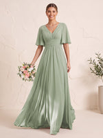 Chiffon Bridesmaid Dresses A Line V Neck Flutter Sleeves Floor Length Pleated Prom Dresses