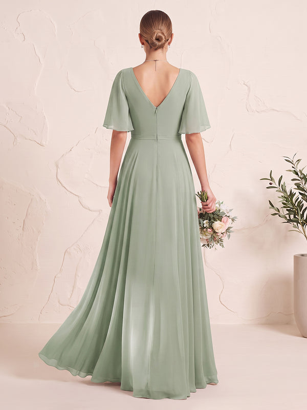 Chiffon Bridesmaid Dresses A Line V Neck Flutter Sleeves Floor Length Pleated Prom Dresses