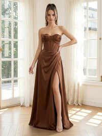 Satin A Line Sweetheart Long Formal Dresses with Slit