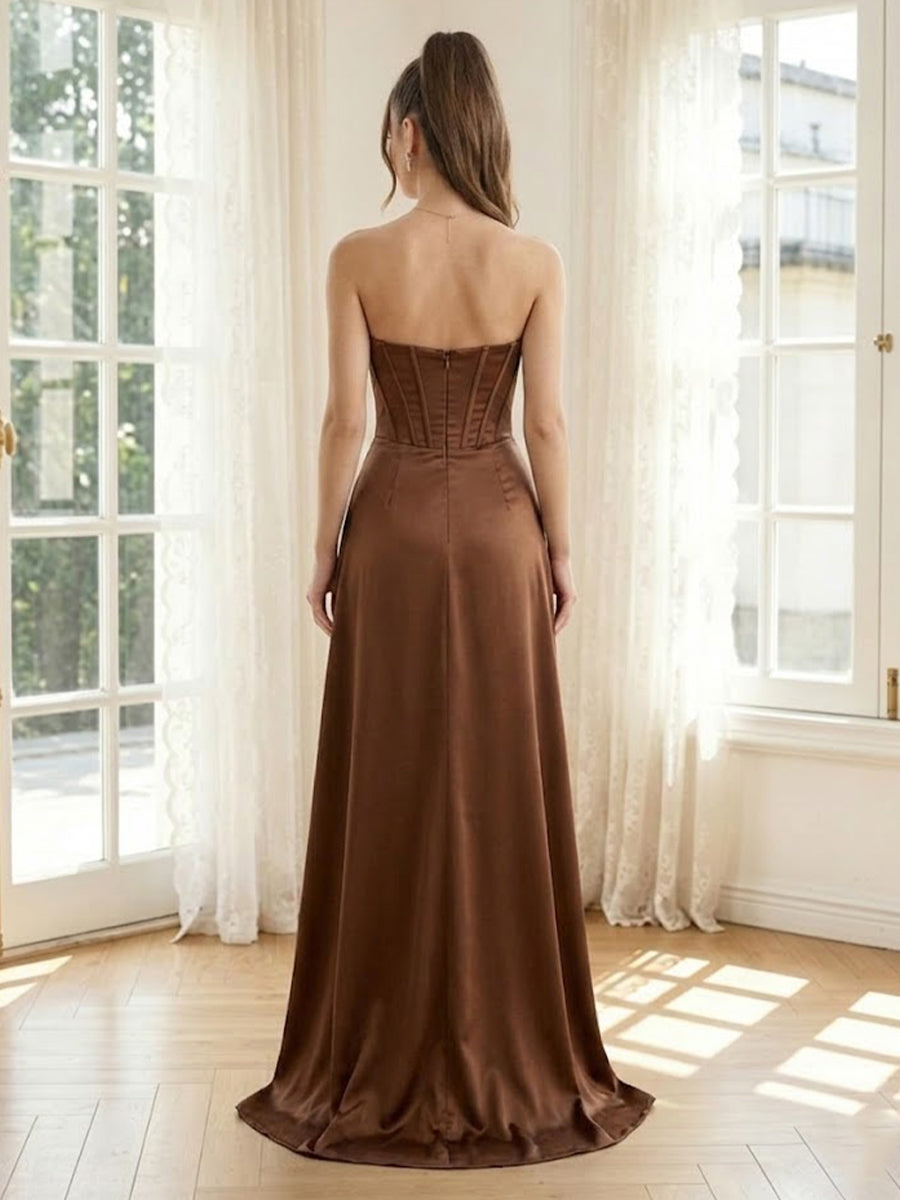 Satin A Line Sweetheart Long Formal Dresses with Slit