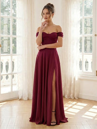 Satin A Line Off Shoulder Long Formal Dresses with Slit