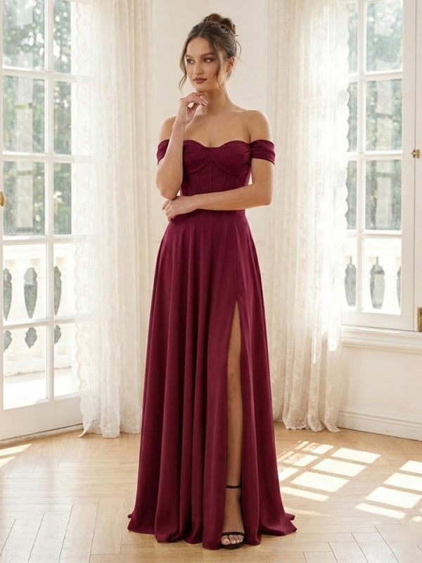 Satin A Line Off Shoulder Long Formal Dresses with Slit