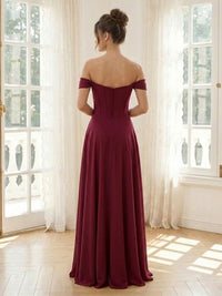Satin A Line Off Shoulder Long Formal Dresses with Slit