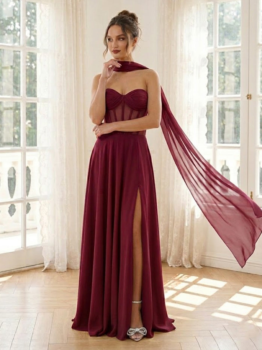 Chiffon A Line Strapless Long Formal Dresses with Scarf