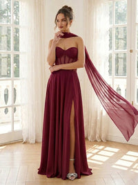 Chiffon A Line Strapless Long Formal Dresses with Scarf