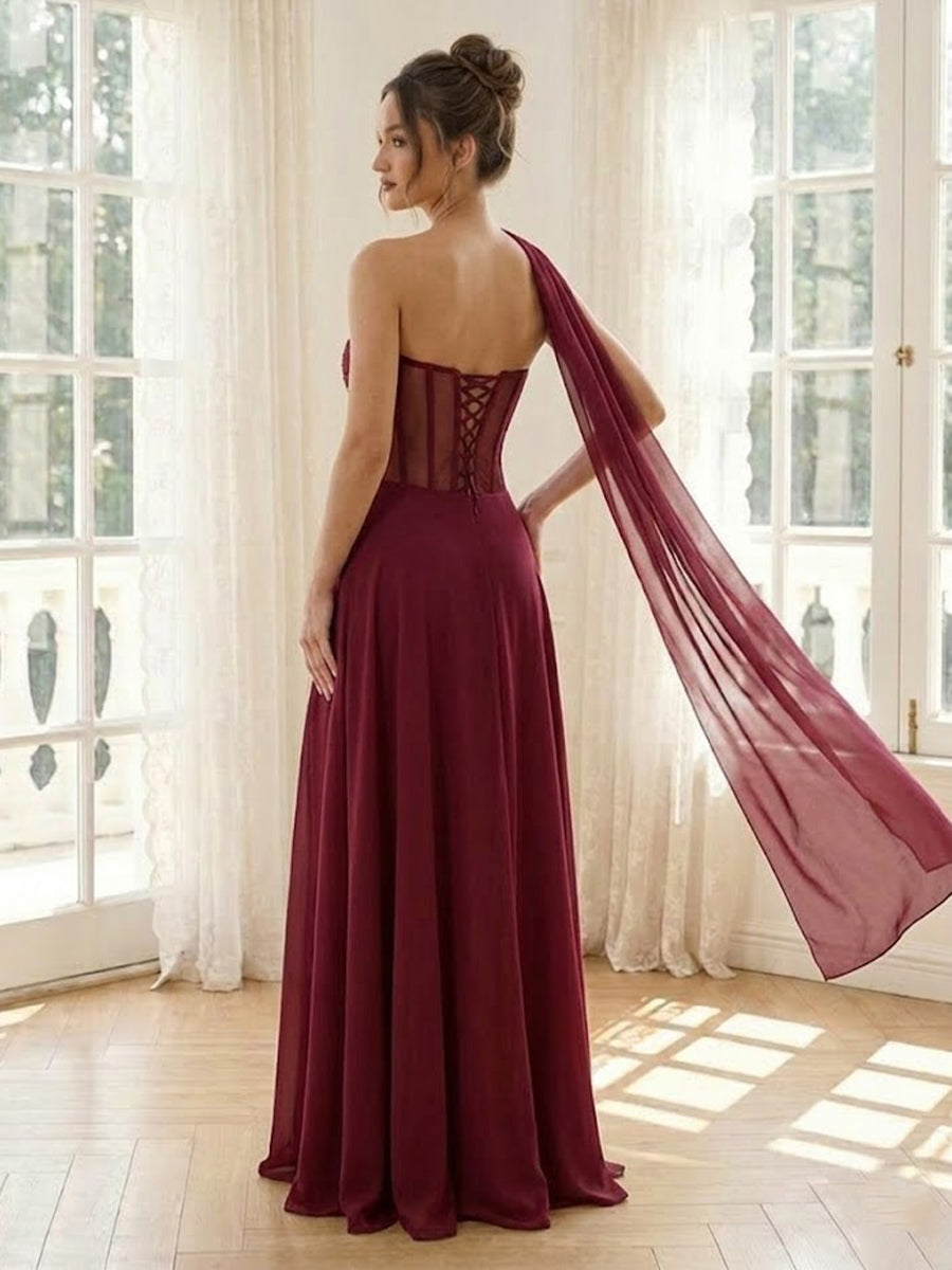 Chiffon A Line Strapless Long Formal Dresses with Scarf