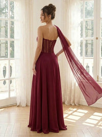 Chiffon A Line Strapless Long Formal Dresses with Scarf