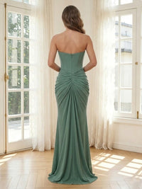 Chiffon Mermaid Strapless Long Formal Dresses with Pleated