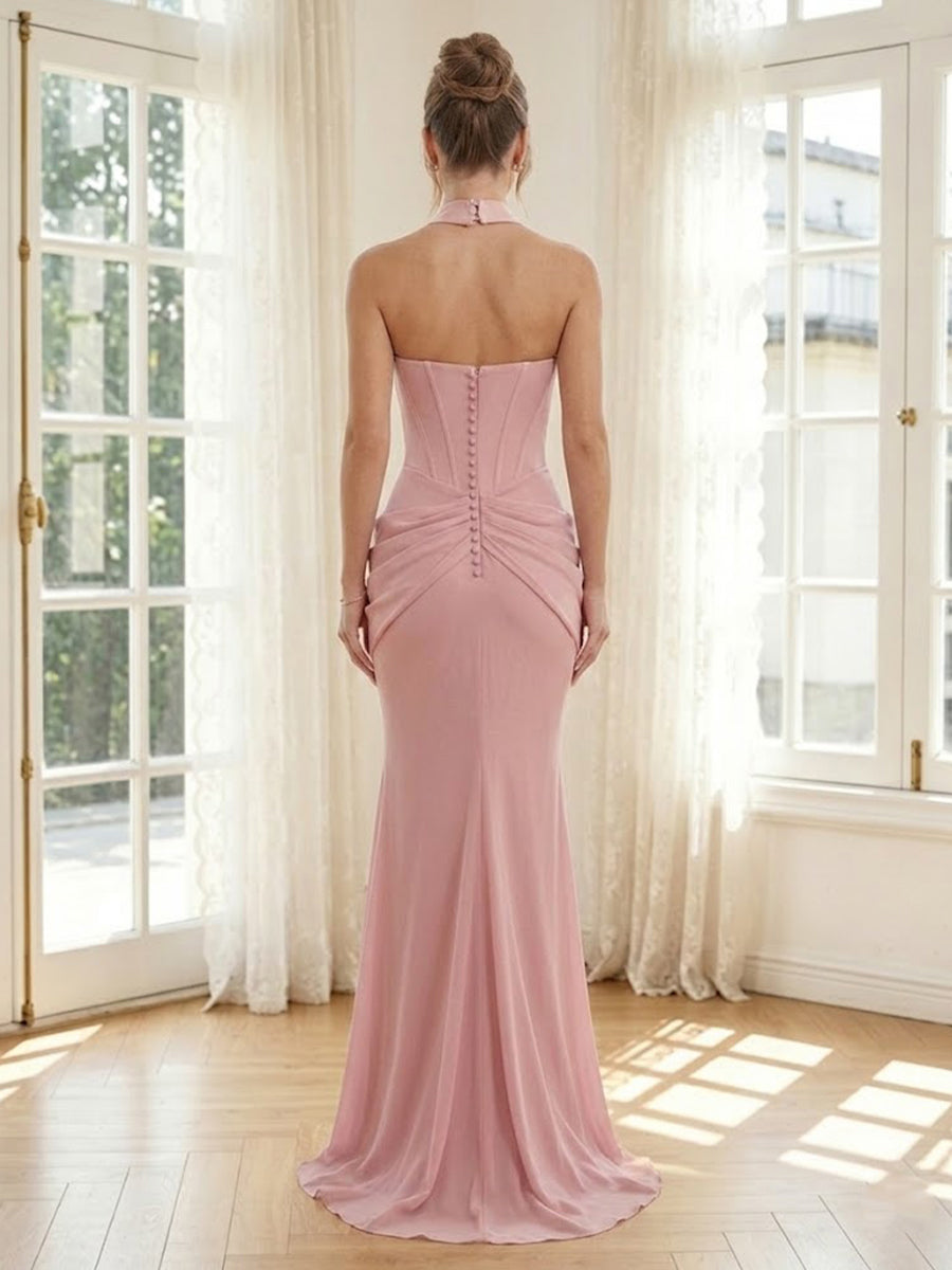 Chiffon Mermaid Strapless Long Formal Dresses with Pleats