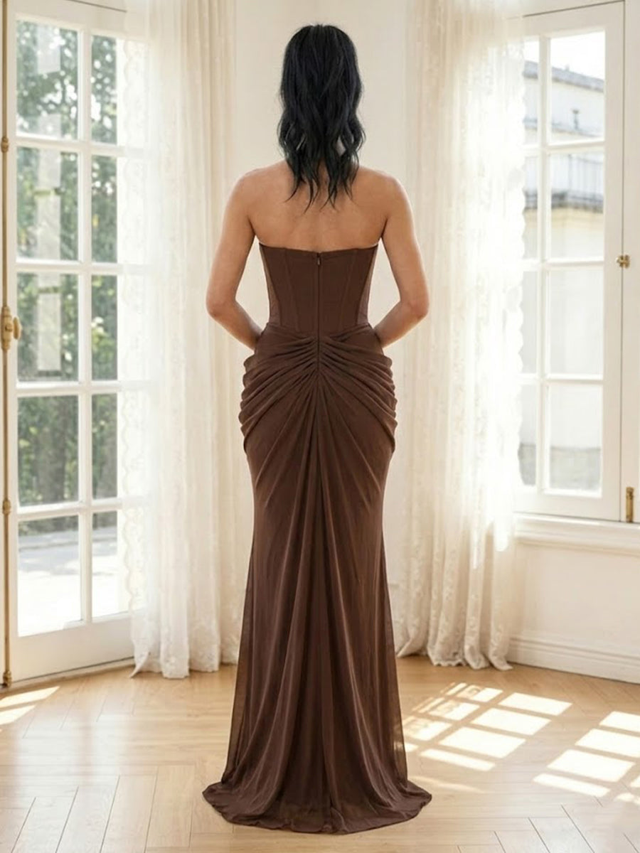 Chiffon Mermaid Strapless Sleeveless Long Formal Dresses with Corset