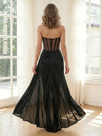 Chiffon Mermaid Strapless Long Formal Dresses with Slit