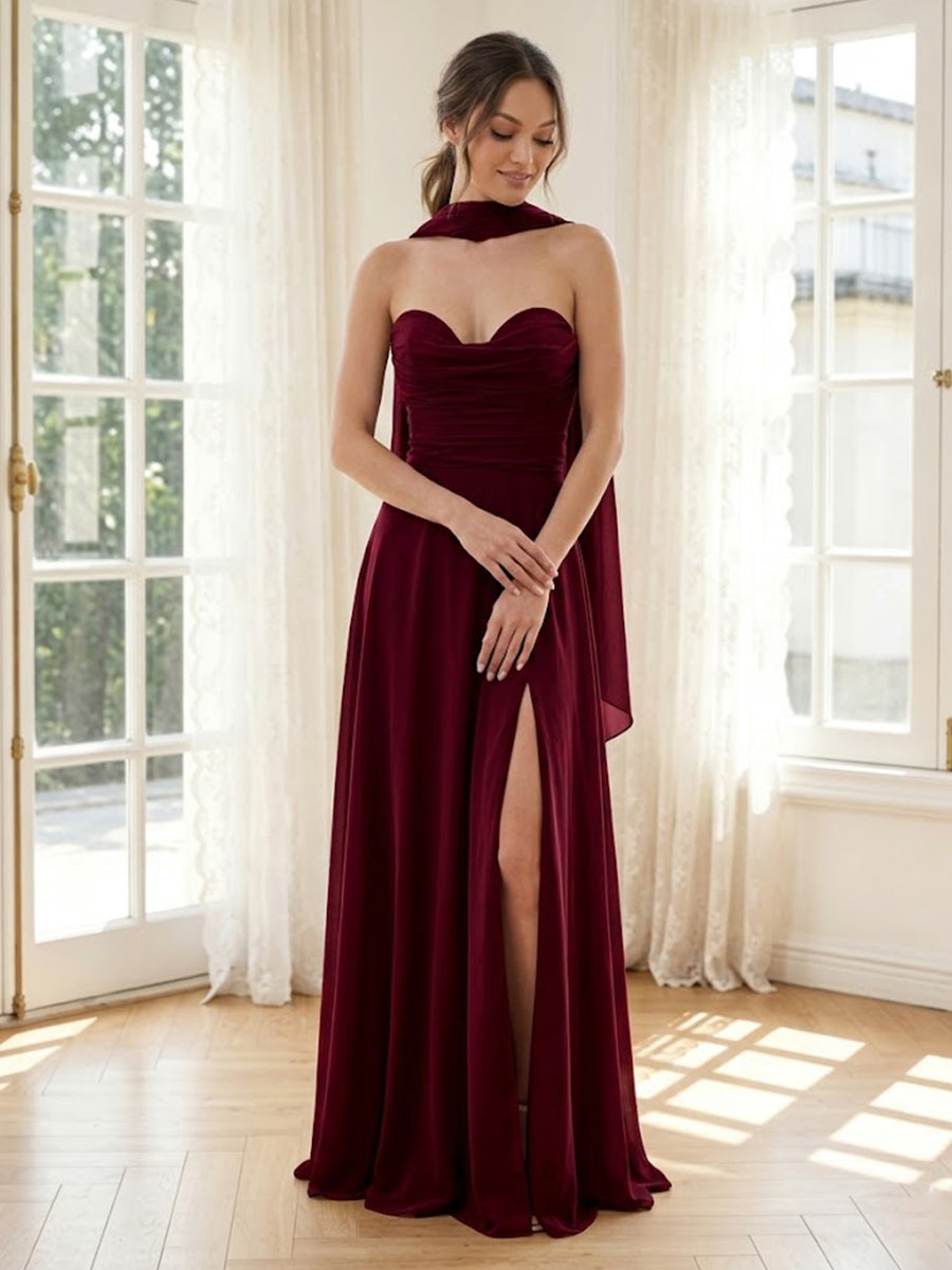Chiffon A Line Strapless Sleeveless Long Formal Dresses with Scarf