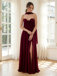 Chiffon A Line Strapless Sleeveless Long Formal Dresses with Scarf