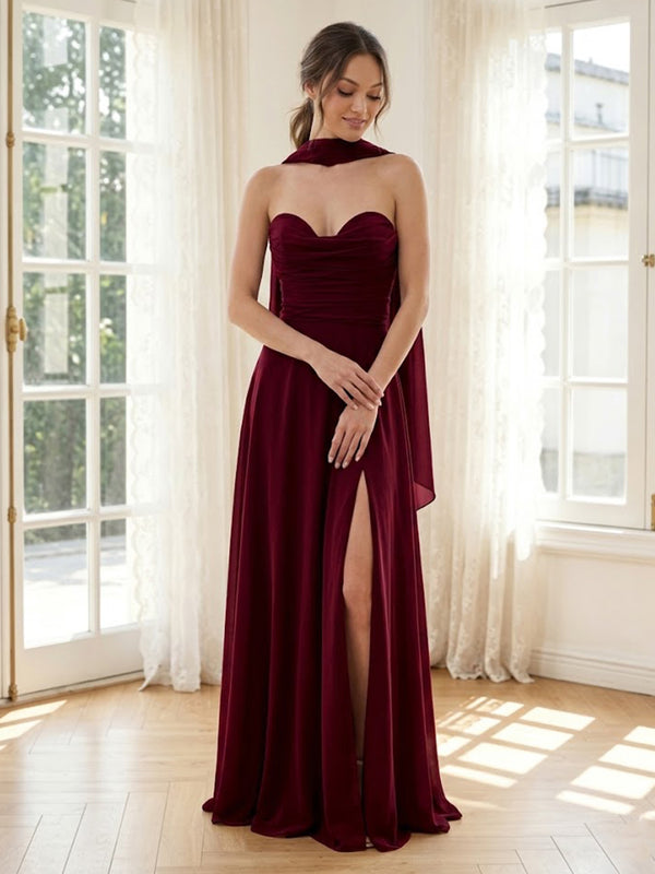 Chiffon A Line Strapless Sleeveless Long Formal Dresses with Scarf