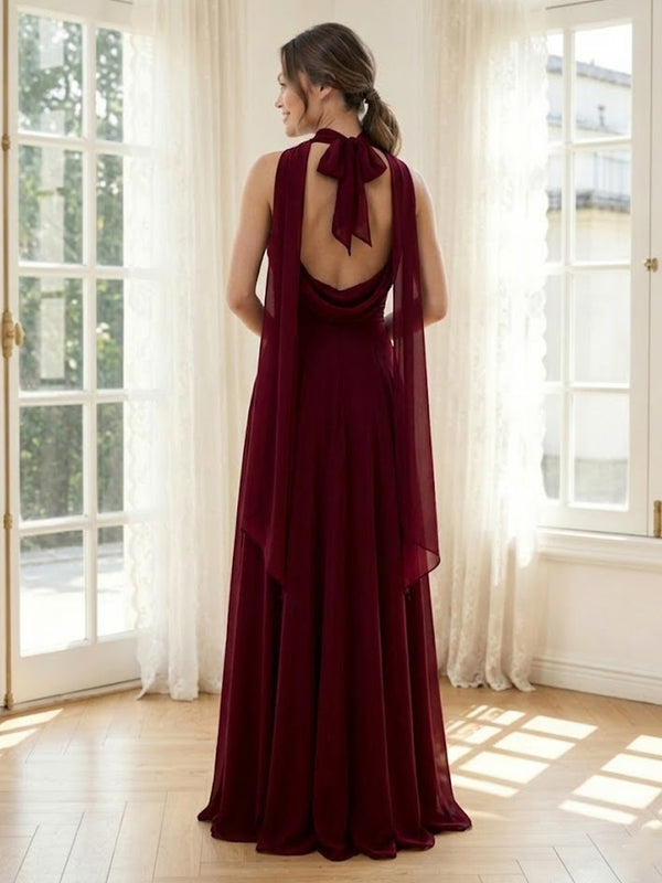 Chiffon A Line Strapless Sleeveless Long Formal Dresses with Scarf