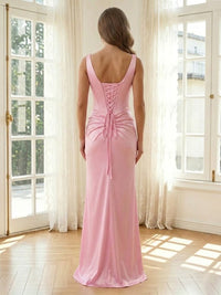 Satin Mermaid Strapless Sleeveless Long Formal Dresses with Slit