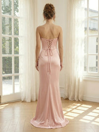 Satin Mermaid Sweetheart Sleeveless Long Formal Dresses with Slit