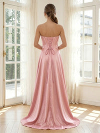Satin A Line Strapless Long Formal Dresses with Slit