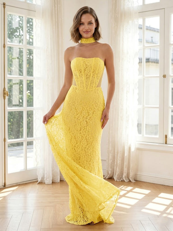 Lace Memaid Strapless Long Formal Dresses with Corset