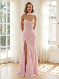 Chiffon Mermaid Strapless Long Formal Dresses with Corset