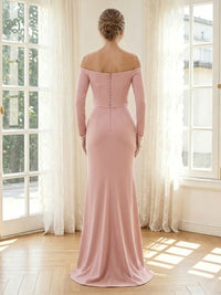 Satin Mermaid Long Sleeves Long Formal Dresses with Slit