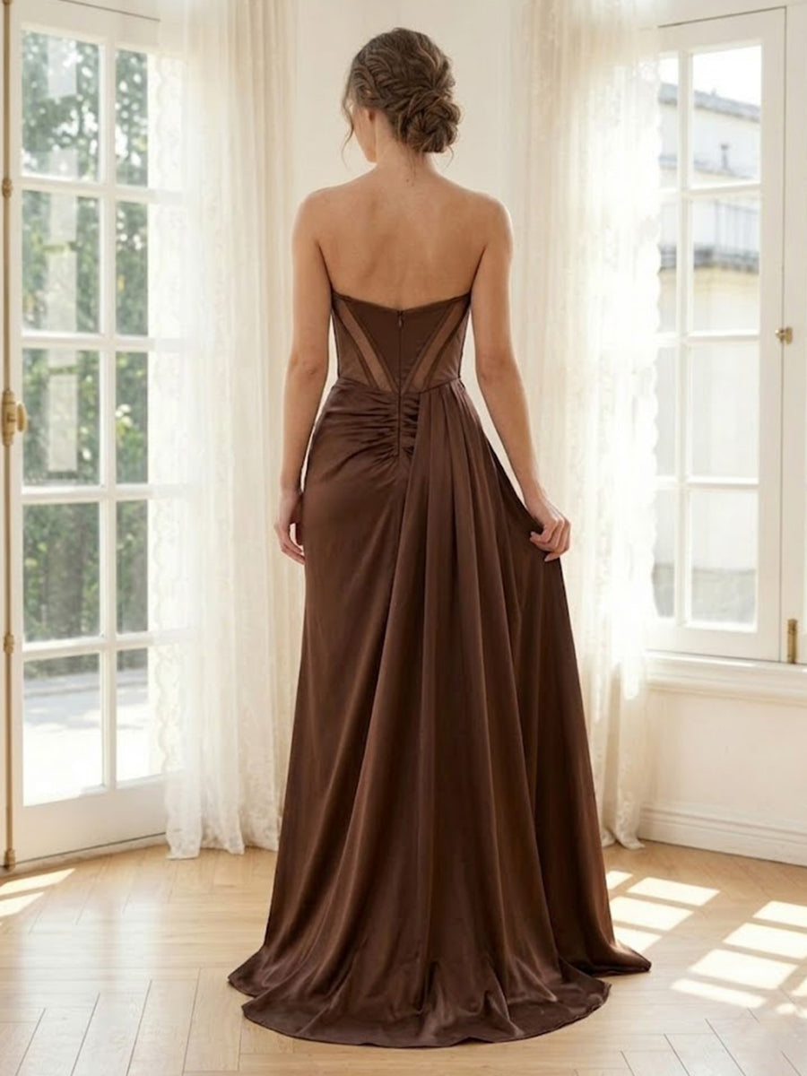 Satin Mermaid Strapless Long Formal Dresses with Slit