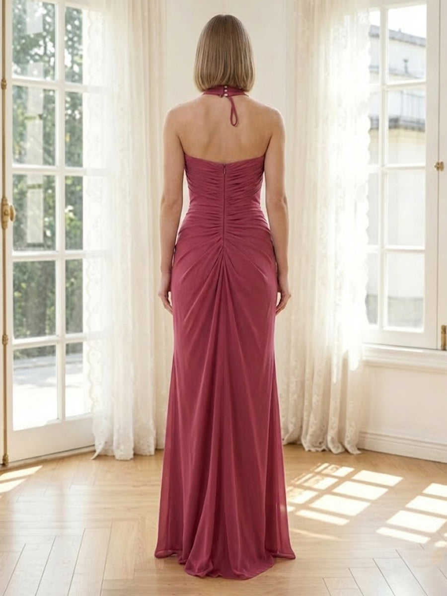 Chiffon Mermaid Sleeveless Long Formal Dresses with Slit