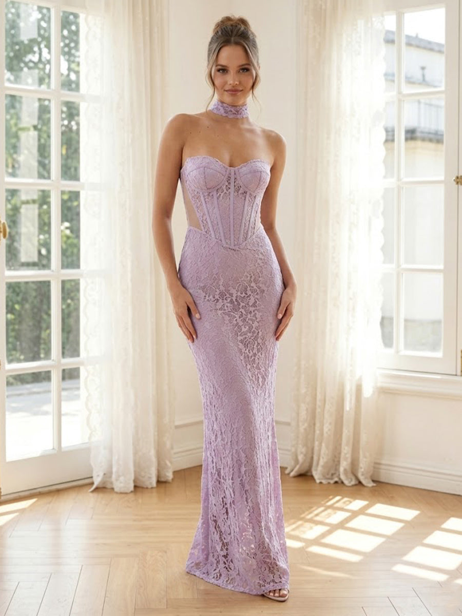 Lace Mermaid Strapless Long Formal Dresses with Corset