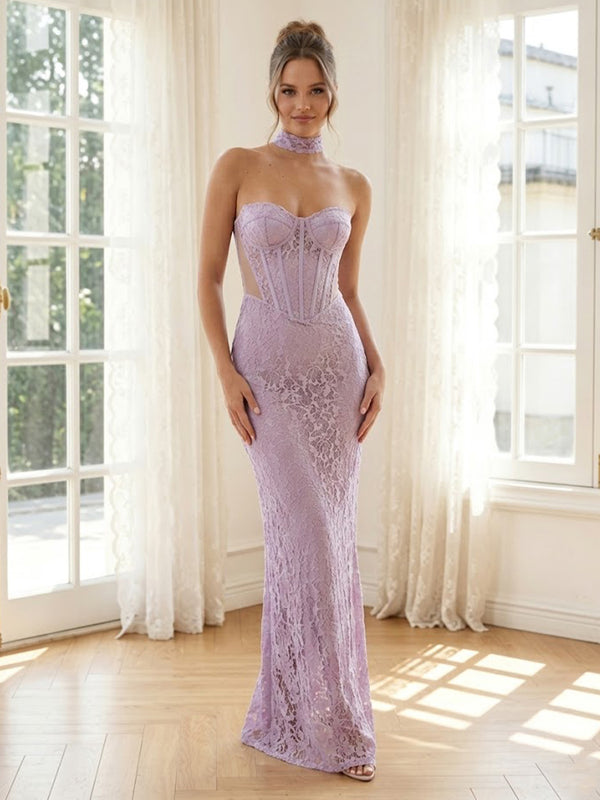 Lace Mermaid Strapless Long Formal Dresses with Corset