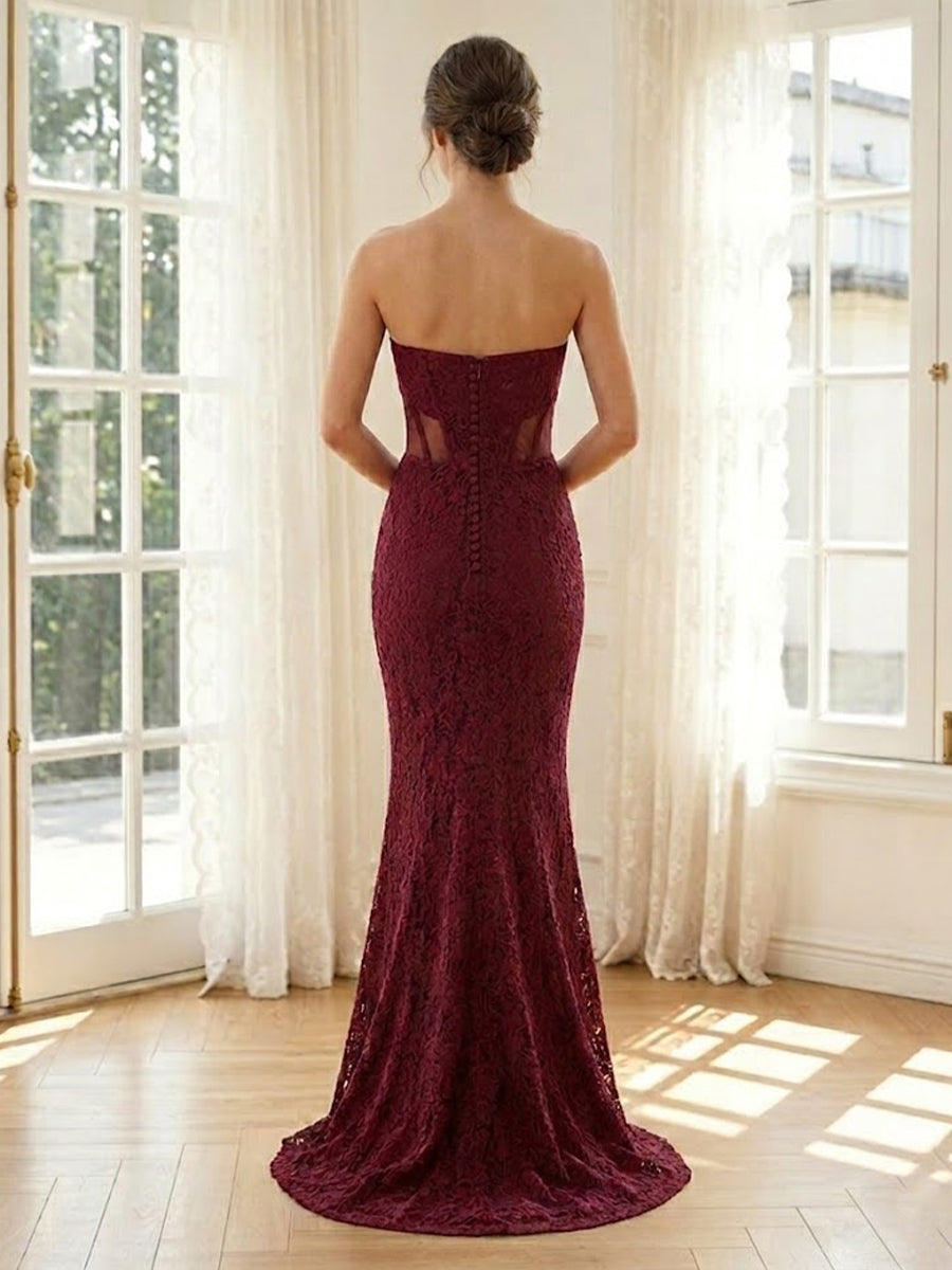 Lace Memaid Strapless Sleeveless Long Formal Dresses