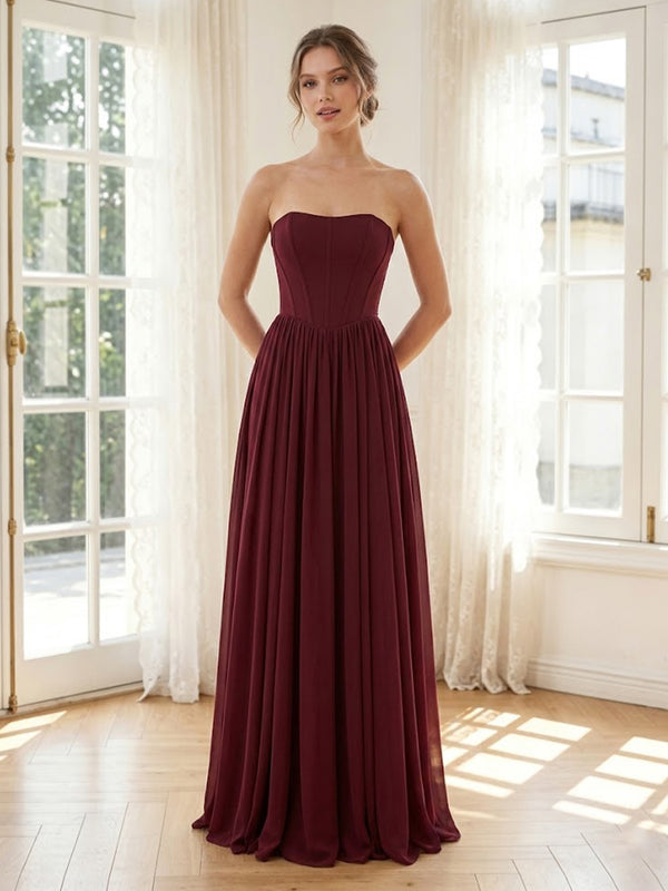 Chiffon A Line Sleeveless Long Formal Dresses with Corset